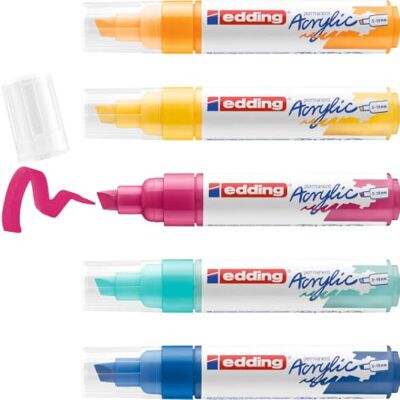 edding 5000 Acrylmarker gelb, sonnengelb, blau, pink, türkis 5 Acrylfarben Set (abstrakt) Keilspitze 5-10 mm Acryl Farben zum Malen auf Leinwand, Holz Acrylstifte für Steine wasserfest edding 5000 Acrylmarker gelb, sonnengelb, blau, pink, türkis 5 Acrylfarben Set (abstrakt) Keilspitze 5-10 mm Acryl Farben zum Malen auf Leinwand, Holz Acrylstifte für Steine wasserfest