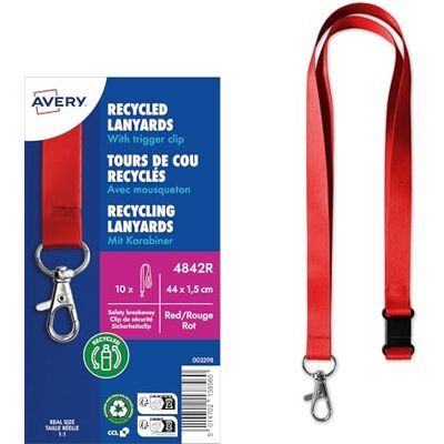 Avery 4842R Lanyard 10 Stück (44x1,5cm, Kartenhalter mit Karabinerhaken-Sicherheitsverschluss, Schlüsselband für Ausweishülle, Kartenhülle, Namenschilder, Umhängeband, Nackenband) rot Avery 4842R Lanyard 10 Stück (44x1,5cm, Kartenhalter mit Karabinerhaken-Sicherheitsverschluss, Schlüsselband für Ausweishülle, Kartenhülle, Namenschilder, Umhängeband, Nackenband) rot