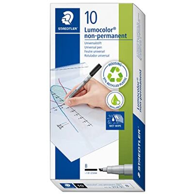 Staedtler Lumocolor 312 Non-Permanent – Schwarz, 10er Set, B Abwischbarer Folienstift 1,0–2,5 mm, wasserlöslich – für Overhead – Art.-Nr. 312-9 Staedtler Lumocolor 312 Non-Permanent – Schwarz, 10er Set, B Abwischbarer Folienstift 1,0–2,5 mm, wasserlöslich – für Overhead – Art.-Nr. 312-9