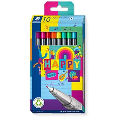 Staedtler Fineliner triplus Happy, ergonomischer Dreikantschaft, superfeine, metallgefasste 0,3 mm Spitze, lange Lebensdauer, 10 Fineliner in sortierten Happy-Farben im Kartonetui, 334 C10 HA Staedtler Fineliner triplus Happy, ergonomischer Dreikantschaft, superfeine, metallgefasste 0,3 mm Spitze, lange Lebensdauer, 10 Fineliner in sortierten Happy-Farben im Kartonetui, 334 C10 HA