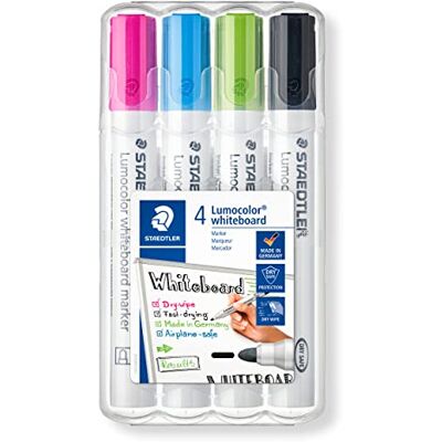 Staedtler Whiteboard Marker Lumocolor, trocken und rückstandsfrei abwischbar von Whiteboards, Rundspitze, ca. 2 mm Linienbreite, hohe Qualität, Set mit 4 Farben, 351 WP4-1 Staedtler Whiteboard Marker Lumocolor, trocken und rückstandsfrei abwischbar von Whiteboards, Rundspitze, ca. 2 mm Linienbreite, hohe Qualität, Set mit 4 Farben, 351 WP4-1