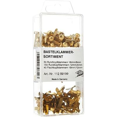 WEDO 11259199 Bastelklammern Sortiment, 240 Stück, Flachkopf und Rundkopf, 3 verschiedene Größen in praktischer Box, vermessingt WEDO 11259199 Bastelklammern Sortiment, 240 Stück, Flachkopf und Rundkopf, 3 verschiedene Größen in praktischer Box, vermessingt