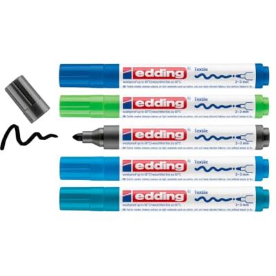 edding 4500 Textilmarker schwarz, 3x blau, grün 5 Stück Rundspitze 2-3 mm Textilstifte waschmaschinenfest (60 °C) zum Stoff bemalen Stoffmalstift edding 4500 Textilmarker schwarz, 3x blau, grün 5 Stück Rundspitze 2-3 mm Textilstifte waschmaschinenfest (60 °C) zum Stoff bemalen Stoffmalstift