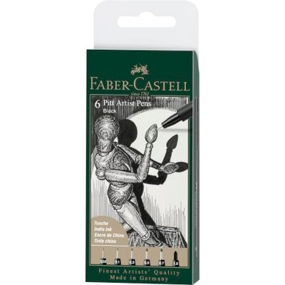 Faber-Castell Tuschestifte Pitt Artist Pen, 6 Strichstärken Schwarz Wasserfeste und lichtbeständige Zeichentusche für Skizzen und Illustrationen Faber-Castell Tuschestifte Pitt Artist Pen, 6 Strichstärken Schwarz Wasserfeste und lichtbeständige Zeichentusche für Skizzen und Illustrationen