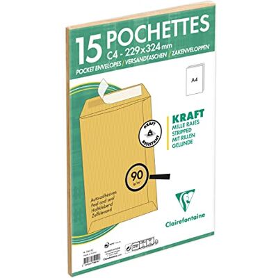 Clairefontaine 75015C Packung mit 15 Versandtaschen mit Rillen Kraftbraun C4-229x324 mm, selbstklebend, 90g, 1 Pack Clairefontaine 75015C Packung mit 15 Versandtaschen mit Rillen Kraftbraun C4-229x324 mm, selbstklebend, 90g, 1 Pack