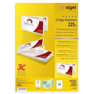 Sigel Klapp Visitenkarten beidseitig bedruckbar hochweiß 50 Stk 180x55 mm LP838, 10 Blatt mit glattem Rundumschnitt Sigel Klapp Visitenkarten beidseitig bedruckbar hochweiß 50 Stk 180x55 mm LP838, 10 Blatt mit glattem Rundumschnitt