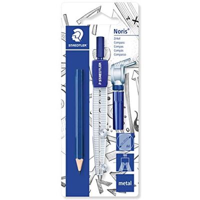 Staedtler 550 60 BK Schulzirkel mit Universaladapter, Minendose und zusätzlichen kleinen Bleistift auf Blisterkarte, blau/silber Staedtler 550 60 BK Schulzirkel mit Universaladapter, Minendose und zusätzlichen kleinen Bleistift auf Blisterkarte, blau/silber
