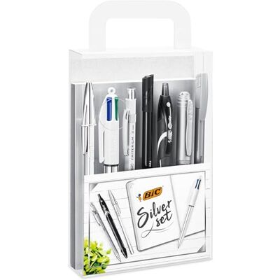 BIC Schreibwaren Set à 8: 2 Kugelschreiber, 1 Notizbuch, 1 Fineliner, 1 Bleistift, 1 Druckbleistift, 1 Marker und 1 Gelroller, Silver Set BIC Schreibwaren Set à 8: 2 Kugelschreiber, 1 Notizbuch, 1 Fineliner, 1 Bleistift, 1 Druckbleistift, 1 Marker und 1 Gelroller, Silver Set