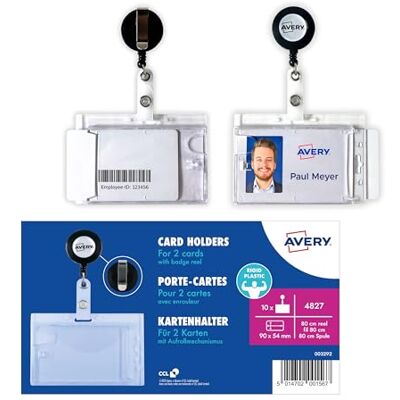 Avery 4827 Namensschilder für Kleidung 10 Stück (54x90mm, Kartenhalter mit Ausweisjojo und Clip, Hartbox Doppel-Ausweishüllen für zwei ID Karten, Schutzhüllen) transparent Avery 4827 Namensschilder für Kleidung 10 Stück (54x90mm, Kartenhalter mit Ausweisjojo und Clip, Hartbox Doppel-Ausweishüllen für zwei ID Karten, Schutzhüllen) transparent