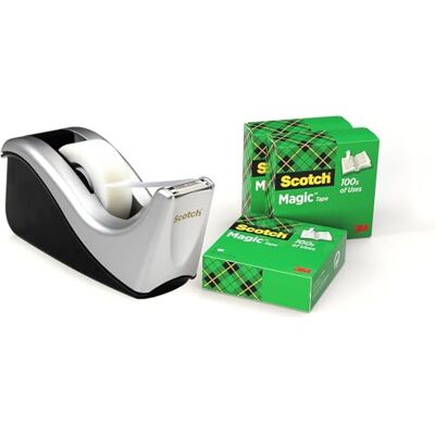 Scotch Klebebandabroller C60, Silber + Magic Tape, 4 Rollen, 19 mm x 33 m Nachfüllbarer Abroller mit Mattem Universalklebeband; zum Reparieren, Beschriften und Verschließen Scotch Klebebandabroller C60, Silber + Magic Tape, 4 Rollen, 19 mm x 33 m Nachfüllbarer Abroller mit Mattem Universalklebeband; zum Reparieren, Beschriften und Verschließen