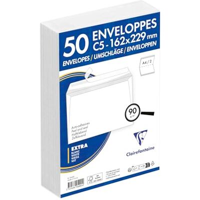 Clairefontaine 2542C Packung mit 50 Umschlägen weiß C5-162x229mm, vertraulich, selbstklebend, 90g, 1 Pack Clairefontaine 2542C Packung mit 50 Umschlägen weiß C5-162x229mm, vertraulich, selbstklebend, 90g, 1 Pack