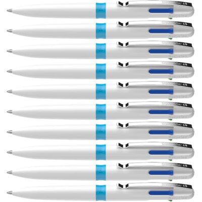 Schneider 138049 Take 4 Kugelschreiber mehrfarbig (4 Farben, Minen wechselbar, recycelter Kunststoff) weiß-hellblau, 10 Stück Schneider 138049 Take 4 Kugelschreiber mehrfarbig (4 Farben, Minen wechselbar, recycelter Kunststoff) weiß-hellblau, 10 Stück