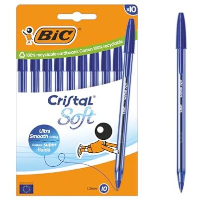 BIC Cristal Soft Kugelschreiber mit mittlerer Spitze (1,2 mm) und Softline Tinte – Blau, Kartonschachtel à 10 BIC Cristal Soft Kugelschreiber mit mittlerer Spitze (1,2 mm) und Softline Tinte – Blau, Kartonschachtel à 10