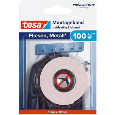 tesa Powerbond Montageband für Fliesen & Metall Extra Stark 1,5 m x 19 mm doppelseitiges Montageklebeband für Fliesen & Metall Extra Stark mit bis zu 100 kg Haltekraft pro Meter tesa Powerbond Montageband für Fliesen & Metall Extra Stark 1,5 m x 19 mm doppelseitiges Montageklebeband für Fliesen & Metall Extra Stark mit bis zu 100 kg Haltekraft pro Meter