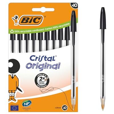 BIC Cristal Original Kugelschreiber mit mittlerer Spitze (1,00 mm), passenden Kappen und Endstücken – Schwarz, Kartonschachtel à 10 BIC Cristal Original Kugelschreiber mit mittlerer Spitze (1,00 mm), passenden Kappen und Endstücken – Schwarz, Kartonschachtel à 10