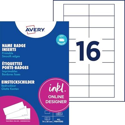 Avery DPC7434A-10 Einsteckschilder für Namensschilder 160 Stück (74x34mm, individuell bedruckbare Einsteckkarten, feine Mikroperforation, passende Namenskarten für polar35 Schilder) weiß Avery DPC7434A-10 Einsteckschilder für Namensschilder 160 Stück (74x34mm, individuell bedruckbare Einsteckkarten, feine Mikroperforation, passende Namenskarten für polar35 Schilder) weiß