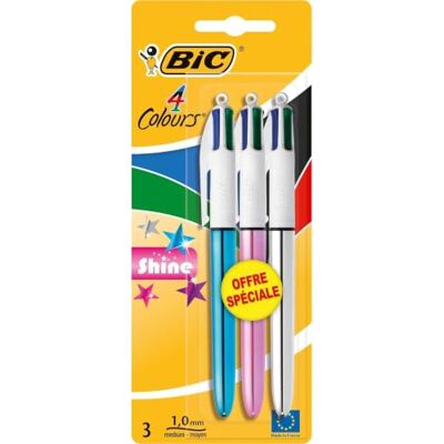 BIC 4 Farben Kugelschreiber Set 4 Colours Shine, Schaft in verschiedenen Farben, 3er Pack, nachfüllbar, Ideal für das Büro, das Home Office oder die Schule BIC 4 Farben Kugelschreiber Set 4 Colours Shine, Schaft in verschiedenen Farben, 3er Pack, nachfüllbar, Ideal für das Büro, das Home Office oder die Schule