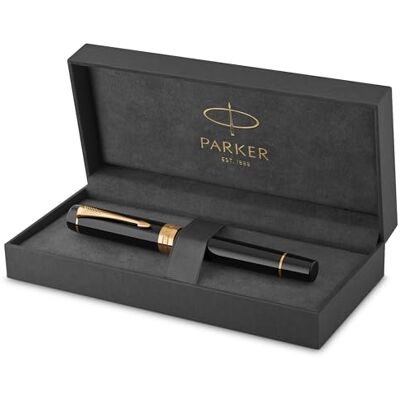 Parker Duofold Classic Füller Schwarz mit goldbeschichteten Zierteilen Größe Centennial Füllfederhalter mit feiner Feder aus Massivgold schwarze Tinte und Konverter Geschenkbox Parker Duofold Classic Füller Schwarz mit goldbeschichteten Zierteilen Größe Centennial Füllfederhalter mit feiner Feder aus Massivgold schwarze Tinte und Konverter Geschenkbox