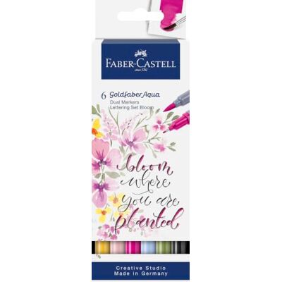 Faber-Castell Goldfaber Aqua Dual Marker Lettering, 6 Farben Wasservermalbare Dual Marker mit Pinselspitze und Fineliner für Aquarellmalerei und Lettering Faber-Castell Goldfaber Aqua Dual Marker Lettering, 6 Farben Wasservermalbare Dual Marker mit Pinselspitze und Fineliner für Aquarellmalerei und Lettering