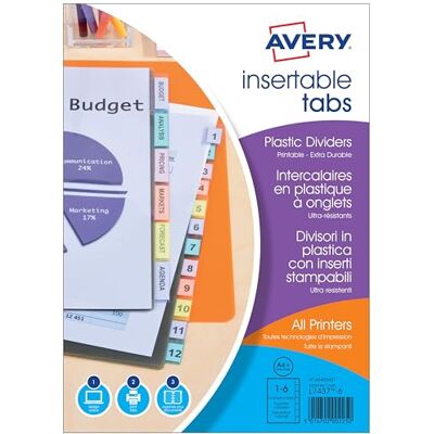 Avery 60400401-1 Trennblätter aus Polypropylen, transparent mit personnalisables. A4 Blatt für Laserdrucker und Tintenstrahldrucker Avery 60400401-1 Trennblätter aus Polypropylen, transparent mit personnalisables. A4 Blatt für Laserdrucker und Tintenstrahldrucker