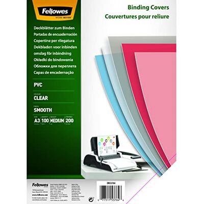 Fellowes PVC Deckblatt für Plastikbindung und Drahtbindung Stärke 200 Mikron transparent Format DIN A3 Packung mit 100 Stück Fellowes PVC Deckblatt für Plastikbindung und Drahtbindung Stärke 200 Mikron transparent Format DIN A3 Packung mit 100 Stück