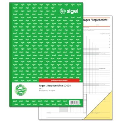 Sigel Tagesbericht Regiebericht A4 2x40 Blatt SD030, Selbstdurchschreibend für Tagesdokumentation und Leistungserfassung Sigel Tagesbericht Regiebericht A4 2x40 Blatt SD030, Selbstdurchschreibend für Tagesdokumentation und Leistungserfassung