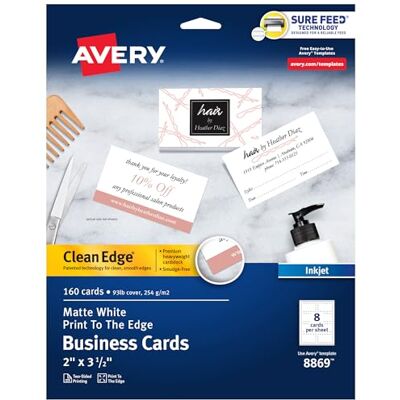 Avery Clean Edge bedruckbare Visitenkarten mit Sure Feed Technologie, 5,1 x 8,9 cm, weiß, 160 Blanko-Karten für Tintenstrahldrucker (8869) Avery Clean Edge bedruckbare Visitenkarten mit Sure Feed Technologie, 5,1 x 8,9 cm, weiß, 160 Blanko-Karten für Tintenstrahldrucker (8869)