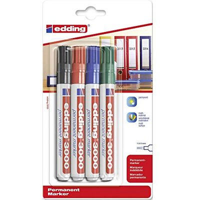 edding 3000 Permanentmarker schwarz, rot, blau, grün 4 Stifte Rund-Spitze 1,5-3 mm schnell trocknend, wasserfest, wischfest für Karton, Kunststoff, Holz, Metall Universalmarker edding 3000 Permanentmarker schwarz, rot, blau, grün 4 Stifte Rund-Spitze 1,5-3 mm schnell trocknend, wasserfest, wischfest für Karton, Kunststoff, Holz, Metall Universalmarker