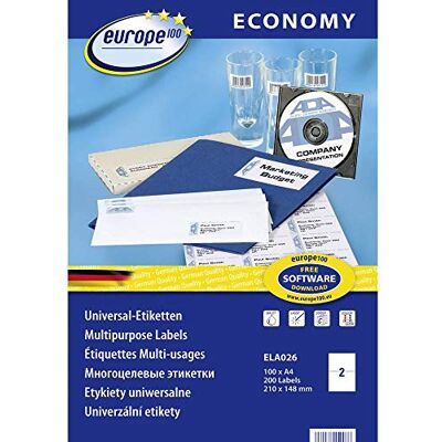 Europe100 Art. ELA026 Universal Etiketten (200 Klebeetiketten, 210x148,5mm auf A4, Papier matt, individuell bedruckbar, selbstklebende Versandaufkleber, kompatibel zu AVERY 3655) 100 Blatt, weiß Europe100 Art. ELA026 Universal Etiketten (200 Klebeetiketten, 210x148,5mm auf A4, Papier matt, individuell bedruckbar, selbstklebende Versandaufkleber, kompatibel zu AVERY 3655) 100 Blatt, weiß