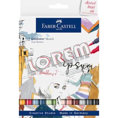 Faber-Castell Goldfaber Sketch Marker, 12 Farben Schnell trocknende Alkohol Marker mit hoher Deckkraft, Brush- und Finelinerspitze für Illustrationen und Skizzen Faber-Castell Goldfaber Sketch Marker, 12 Farben Schnell trocknende Alkohol Marker mit hoher Deckkraft, Brush- und Finelinerspitze für Illustrationen und Skizzen