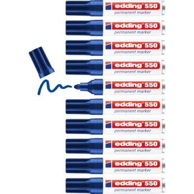 edding 550 Permanentmarker blau 10 Stifte Rundspitze 3-4 mm wasserfest, schnell-trocknend wischfest für Karton, Kunststoff, Holz, Metall, Glas edding 550 Permanentmarker blau 10 Stifte Rundspitze 3-4 mm wasserfest, schnell-trocknend wischfest für Karton, Kunststoff, Holz, Metall, Glas