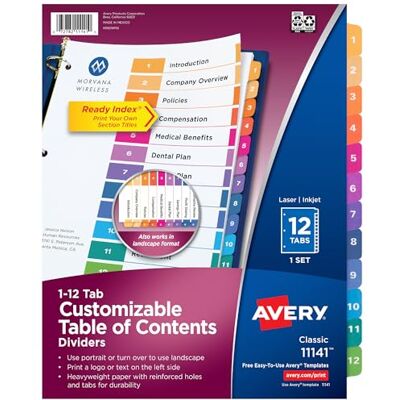 Avery 12 Registerkarten für 3-Ringordner, anpassbares Inhaltsverzeichnis, mehrfarbige Register, 1 Set (11141) Avery 12 Registerkarten für 3-Ringordner, anpassbares Inhaltsverzeichnis, mehrfarbige Register, 1 Set (11141)