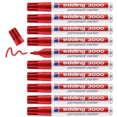 edding 3000 Permanentmarker rot 10 Stifte Rund-Spitze 1,5-3 mm schnell trocknender Permanent Marker wasserfest, wischfest für Karton, Kunststoff, Holz, Metall Universalmarker edding 3000 Permanentmarker rot 10 Stifte Rund-Spitze 1,5-3 mm schnell trocknender Permanent Marker wasserfest, wischfest für Karton, Kunststoff, Holz, Metall Universalmarker