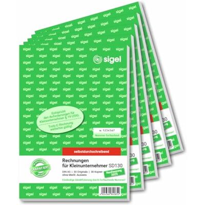 Sigel Rechnungsblock Kleinunternehmer A5 5 Stück 2x30 Blatt SD130/5, ohne MwSt-Ausweis, selbstdurchschreibend, mikroperforiert mit Abheftlochung Sigel Rechnungsblock Kleinunternehmer A5 5 Stück 2x30 Blatt SD130/5, ohne MwSt-Ausweis, selbstdurchschreibend, mikroperforiert mit Abheftlochung