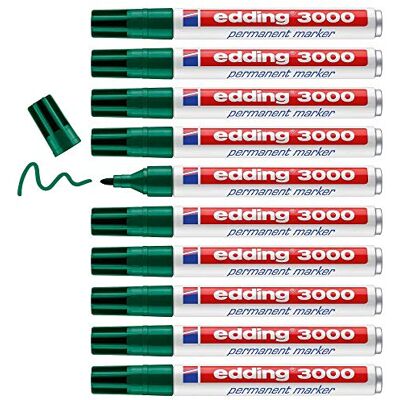 edding 3000 Permanentmarker grün 10 Stifte Rund-Spitze 1,5-3 mm schnell trocknender Permanent Marker wasserfest, wischfest für Karton, Kunststoff, Holz, Metall Universalmarker edding 3000 Permanentmarker grün 10 Stifte Rund-Spitze 1,5-3 mm schnell trocknender Permanent Marker wasserfest, wischfest für Karton, Kunststoff, Holz, Metall Universalmarker