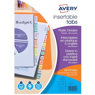 Avery Individuell bedruckbare Registerkarten mit 12 Tasten, DIN A4+ (ermöglicht das Ordnen von gelochten Hüllen), aus durchscheinendem farbigem Polypropylen Avery Individuell bedruckbare Registerkarten mit 12 Tasten, DIN A4+ (ermöglicht das Ordnen von gelochten Hüllen), aus durchscheinendem farbigem Polypropylen