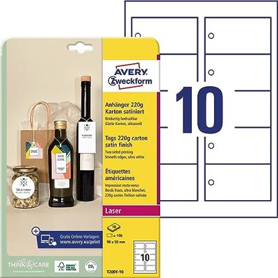 Avery T2001-10 stabile Anhänger 100 Stück inkl. Schnüre (90x50mm auf A4, beidseitig bedruckbare Produktanhänger, extra glatte Kanten, Geschenkanhänger, Preisanhänger) Karton 220g, weiß Avery T2001-10 stabile Anhänger 100 Stück inkl. Schnüre (90x50mm auf A4, beidseitig bedruckbare Produktanhänger, extra glatte Kanten, Geschenkanhänger, Preisanhänger) Karton 220g, weiß