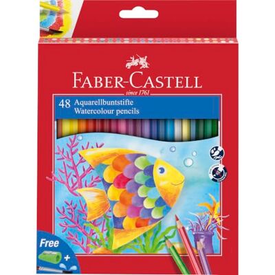 Faber-Castell Aquarellstifte Set 48-teilig mit Pinsel Wasservermalbare Aquarellbuntstifte für Kinder inkl. Pinsel, Malstifte bruchgeschützt und ergonomisch Faber-Castell Aquarellstifte Set 48-teilig mit Pinsel Wasservermalbare Aquarellbuntstifte für Kinder inkl. Pinsel, Malstifte bruchgeschützt und ergonomisch