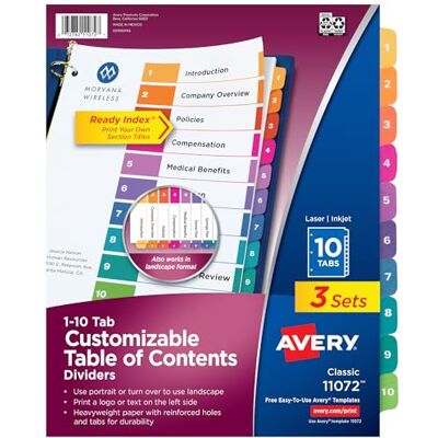 Avery 10 Registerkarten für 3-Ringordner, anpassbares Inhaltsverzeichnis, mehrfarbige Register, 3 Sets (11072) Avery 10 Registerkarten für 3-Ringordner, anpassbares Inhaltsverzeichnis, mehrfarbige Register, 3 Sets (11072)
