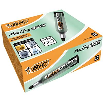 BIC Marking Onyx Permanent Marker, Wasserfester Stift, in Schwarz, 12er Pack, mit Rundspitze, Strichstärke: 1,5 mm, schnelltrocknend BIC Marking Onyx Permanent Marker, Wasserfester Stift, in Schwarz, 12er Pack, mit Rundspitze, Strichstärke: 1,5 mm, schnelltrocknend