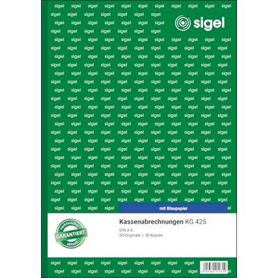 Sigel KG425 Kassenabrechnung A4, 2x50 Blatt, mit Blaupapier, ultrafeiner Mikroperforation, Für exakte Einnahmen-/Ausgaben-Rechnung mit Ausweis des MwSt.- und Netto-Betrages Sigel KG425 Kassenabrechnung A4, 2x50 Blatt, mit Blaupapier, ultrafeiner Mikroperforation, Für exakte Einnahmen-/Ausgaben-Rechnung mit Ausweis des MwSt.- und Netto-Betrages