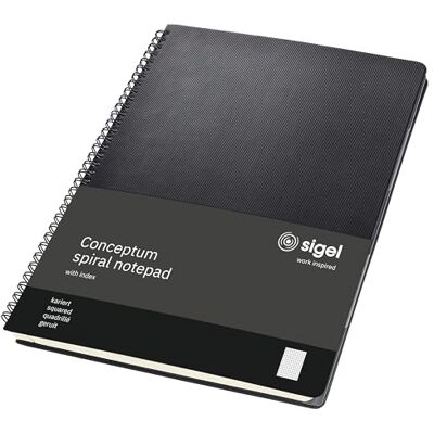 Sigel CO840 Premium Spiralblock A4, kariert, schwarz, 80 Blatt, sehr stabiler Hardcover-Einband, mit versetzbarem Register, Einsteckfach, aus nachhaltigem Papier, Conceptum Sigel CO840 Premium Spiralblock A4, kariert, schwarz, 80 Blatt, sehr stabiler Hardcover-Einband, mit versetzbarem Register, Einsteckfach, aus nachhaltigem Papier, Conceptum