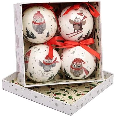 Ciao Set of 4 decoupage Christmas Tree Balls (Ø7,5cm) Cute Winter Owls with Fabric Ribbon in giftbox, White, Grey, Beige Ciao Set of 4 decoupage Christmas Tree Balls (Ø7,5cm) Cute Winter Owls with Fabric Ribbon in giftbox, White, Grey, Beige