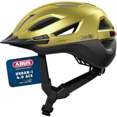 ABUS Stadthelm Urban-I 4.0 ACE Fahrradhelm mit aufladbarem Rücklicht, 4 Leuchtmodi, Schirm, Zopf-Öffnung und magnetischem Verschluss für Jugendliche, Frauen und Männer Größe L, gelb ABUS Stadthelm Urban-I 4.0 ACE Fahrradhelm mit aufladbarem Rücklicht, 4 Leuchtmodi, Schirm, Zopf-Öffnung und magnetischem Verschluss für Jugendliche, Frauen und Männer Größe L, gelb