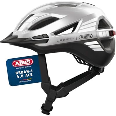 ABUS Stadthelm Urban-I 4.0 ACE Fahrradhelm mit aufladbarem Rücklicht, 4 Leuchtmodi, Schirm, Zopf-Öffnung und magnetischem Verschluss für Jugendliche, Frauen und Männer Größe XL, Silber ABUS Stadthelm Urban-I 4.0 ACE Fahrradhelm mit aufladbarem Rücklicht, 4 Leuchtmodi, Schirm, Zopf-Öffnung und magnetischem Verschluss für Jugendliche, Frauen und Männer Größe XL, Silber