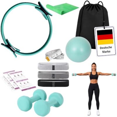 Relaxdays Pilates Set 11-TLG., Silikonhanteln je 1 kg, 3 Stärken, Farbwahl Ring, Ball, 4 Widerstandsbänder, 2 Hanteln, Tasche, Pumpe, Maßband, Pilateszubehör für zuhause Relaxdays Pilates Set 11-TLG., Silikonhanteln je 1 kg, 3 Stärken, Farbwahl Ring, Ball, 4 Widerstandsbänder, 2 Hanteln, Tasche, Pumpe, Maßband, Pilateszubehör für zuhause