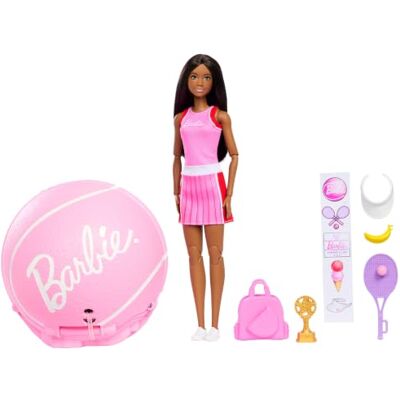 Barbie Team Roll and Reveal Tennis-Spielerin Puppe und Zubehör Brünette Modepuppe im Tennisball, inkl. 8 Überraschungen, ab 3 Jahren, JMY56 Barbie Team Roll and Reveal Tennis-Spielerin Puppe und Zubehör Brünette Modepuppe im Tennisball, inkl. 8 Überraschungen, ab 3 Jahren, JMY56