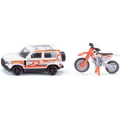 Siku 1114 Land Rover Defender mit KTM Motorrad Spielzeug-Set, Metall-Karosserie, Weiß-Orange, Anhängerkupplung, Beweglicher Lenker und Ständer am Motorrad Siku 1114 Land Rover Defender mit KTM Motorrad Spielzeug-Set, Metall-Karosserie, Weiß-Orange, Anhängerkupplung, Beweglicher Lenker und Ständer am Motorrad