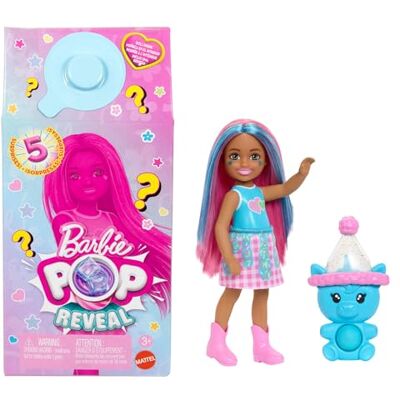 Barbie Pop Reveal Chelsea-Puppe, Shakes-Serie, mit 5 Überraschungen, darunter eine duftende kleine Puppe, Pop-it-Haustier und Farbwechsel (Stile können abweichen), JCN89 Barbie Pop Reveal Chelsea-Puppe, Shakes-Serie, mit 5 Überraschungen, darunter eine duftende kleine Puppe, Pop-it-Haustier und Farbwechsel (Stile können abweichen), JCN89