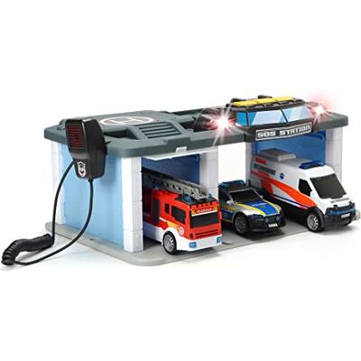 Dickie Toys SOS Rettungsstation mit Polizei, Feuerwehr und Krankenwagen, Station mit Licht & Sound, Mikrofon mit Lautsprecherfunktion, Tore zum Öffnen, inkl. Batterien, 31x22x16 cm, Blue Dickie Toys SOS Rettungsstation mit Polizei, Feuerwehr und Krankenwagen, Station mit Licht & Sound, Mikrofon mit Lautsprecherfunktion, Tore zum Öffnen, inkl. Batterien, 31x22x16 cm, Blue